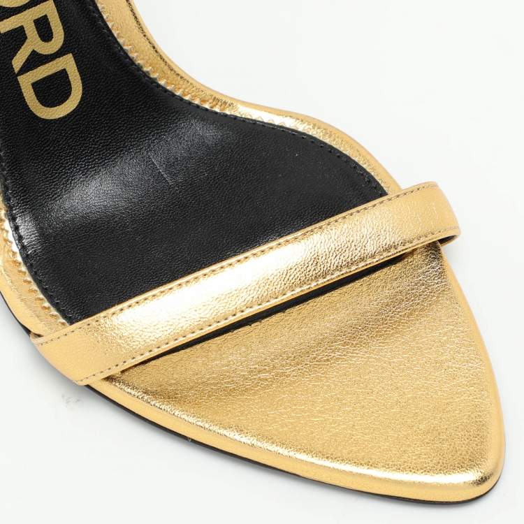 Pre Owned Tom Ford Gold Leather Padlock Ankle Strap Sandals Size 36.5