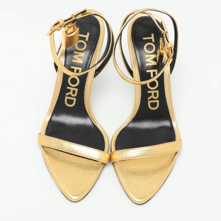 Pre Owned Tom Ford Gold Leather Padlock Ankle Strap Sandals Size 36.5