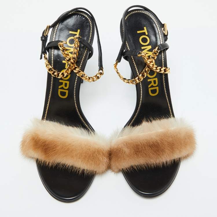 Pre Owned Tom Ford Beige/Black Mink Fur and Leather Ankle Strap Sandals Size 41