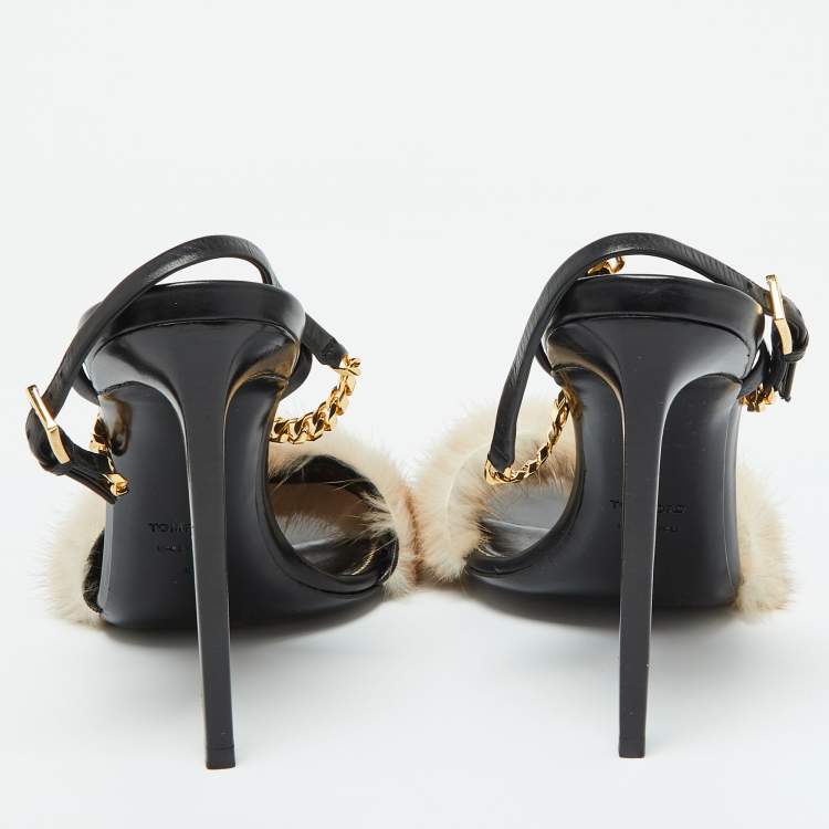 Pre Owned Tom Ford Beige/Black Mink Fur and Leather Ankle Strap Sandals Size 41