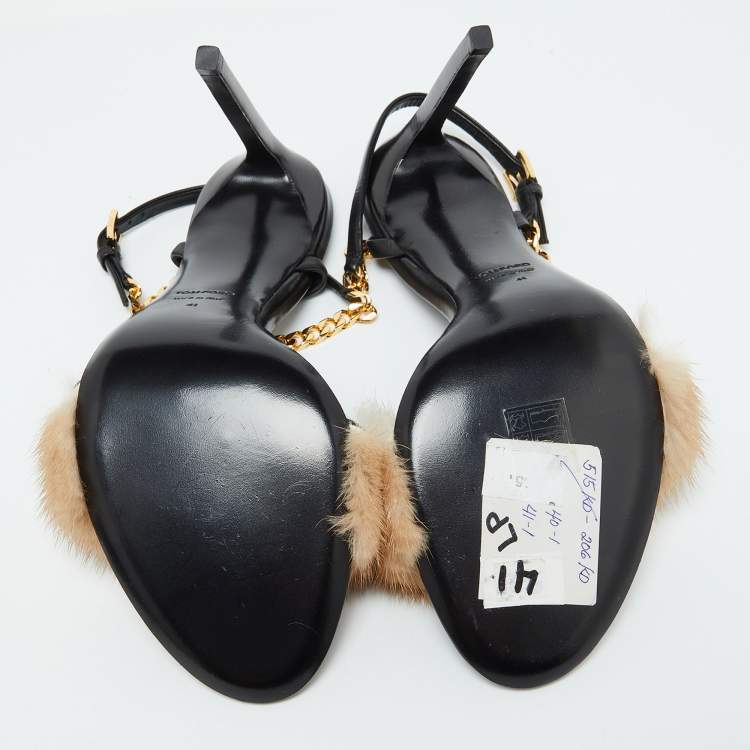 Pre Owned Tom Ford Beige/Black Mink Fur and Leather Ankle Strap Sandals Size 41