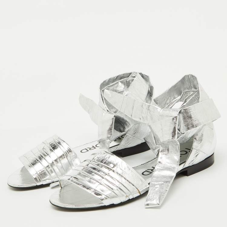 Pre Owned Tom Ford Silver Laminated Leather Ankle Wrap Flat Sandals Size 38