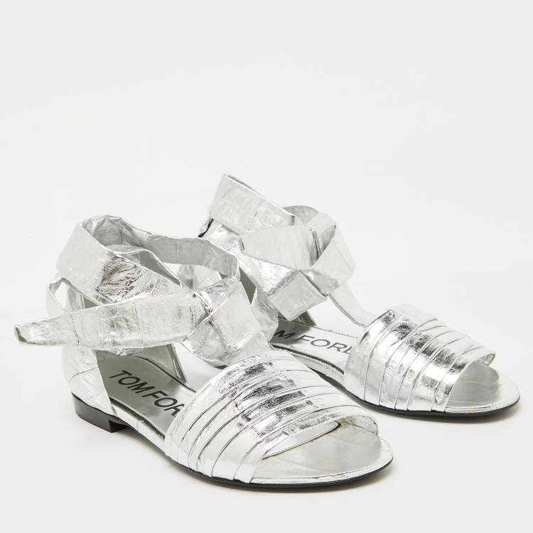 Pre Owned Tom Ford Silver Laminated Leather Ankle Wrap Flat Sandals Size 38