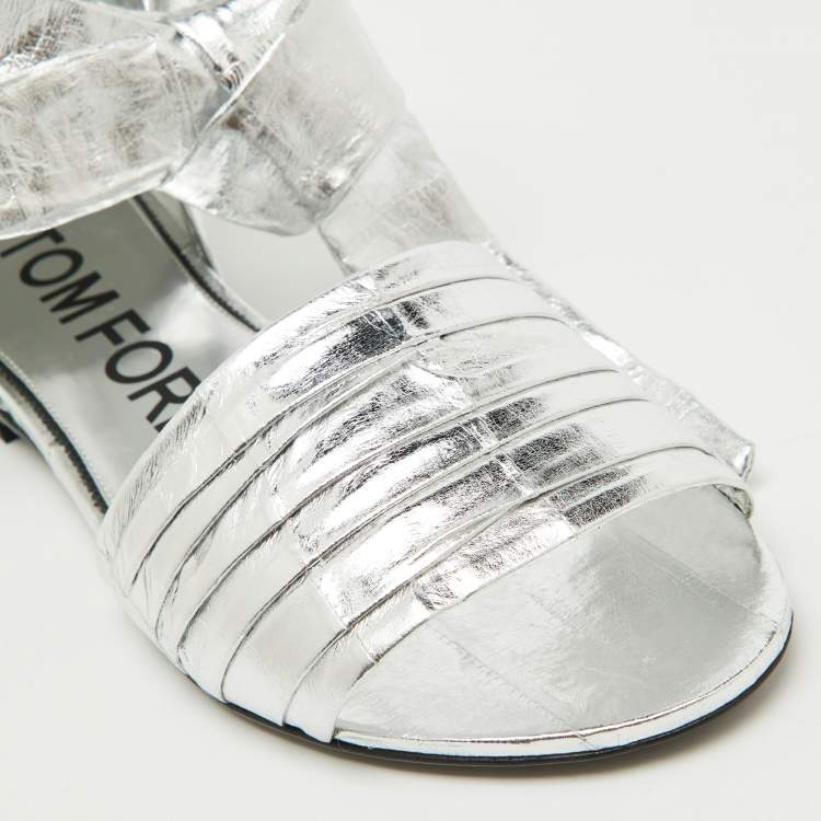 Pre Owned Tom Ford Silver Laminated Leather Ankle Wrap Flat Sandals Size 38