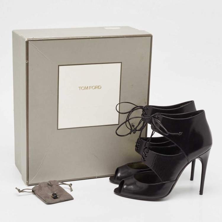 Pre Owned Tom Ford Black Leather Cut Out Peep Toe Ankle Booties Size 39.5
