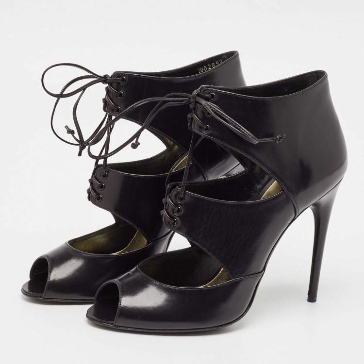 Pre Owned Tom Ford Black Leather Cut Out Peep Toe Ankle Booties Size 39.5