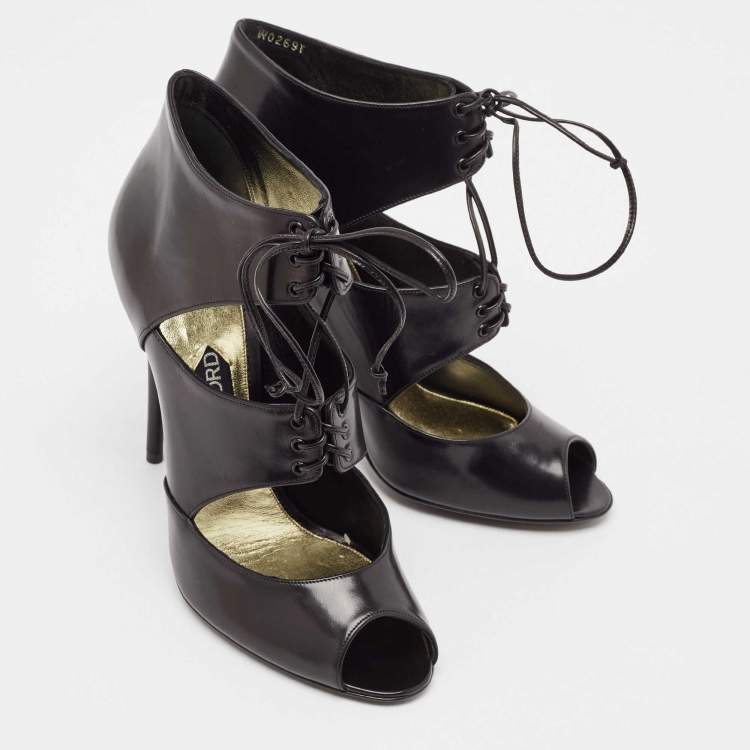 Pre Owned Tom Ford Black Leather Cut Out Peep Toe Ankle Booties Size 39.5