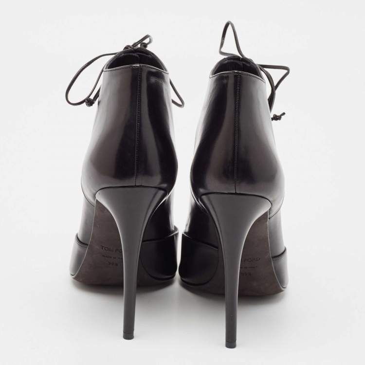 Pre Owned Tom Ford Black Leather Cut Out Peep Toe Ankle Booties Size 39.5
