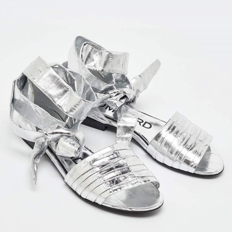 Pre Owned Tom Ford Silver Laminated Leather Ankle Wrap Flat Sandals Size 37