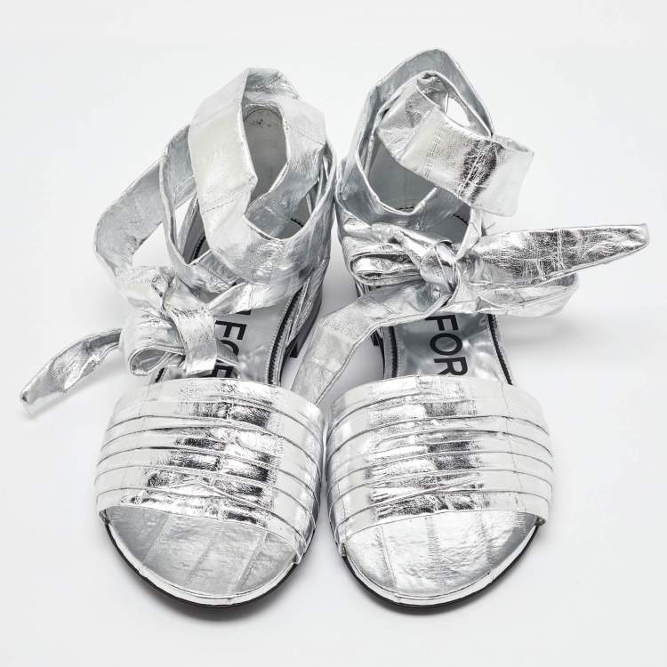Pre Owned Tom Ford Silver Laminated Leather Ankle Wrap Flat Sandals Size 37