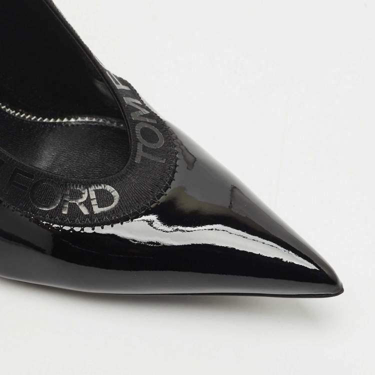 Pre Owned Tom Ford Black Elastic and Patent Leather Pointed Toe Pumps Size 37.5