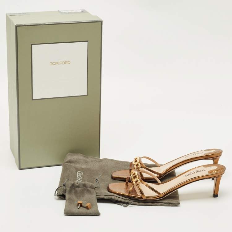 Pre Owned Tom Ford Gold Lizard Embossed Leather Logo Printed Slide Sandal Size 38