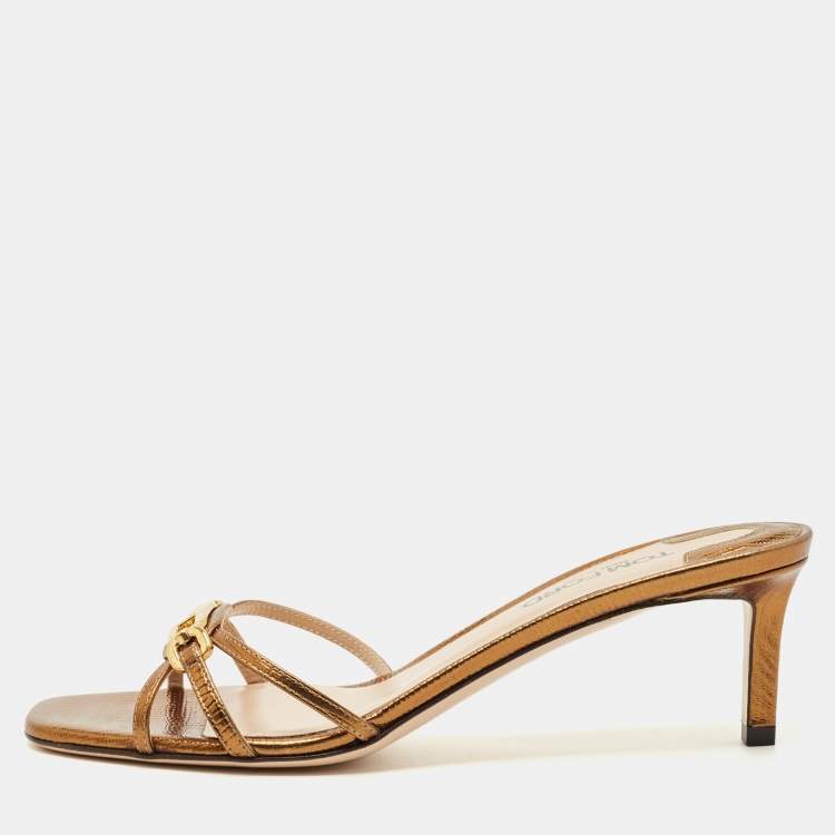 Pre Owned Tom Ford Gold Lizard Embossed Leather Logo Printed Slide Sandal Size 38