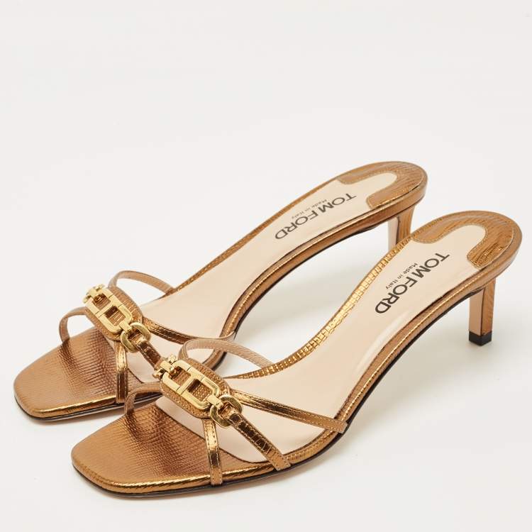 Pre Owned Tom Ford Gold Lizard Embossed Leather Logo Printed Slide Sandal Size 38