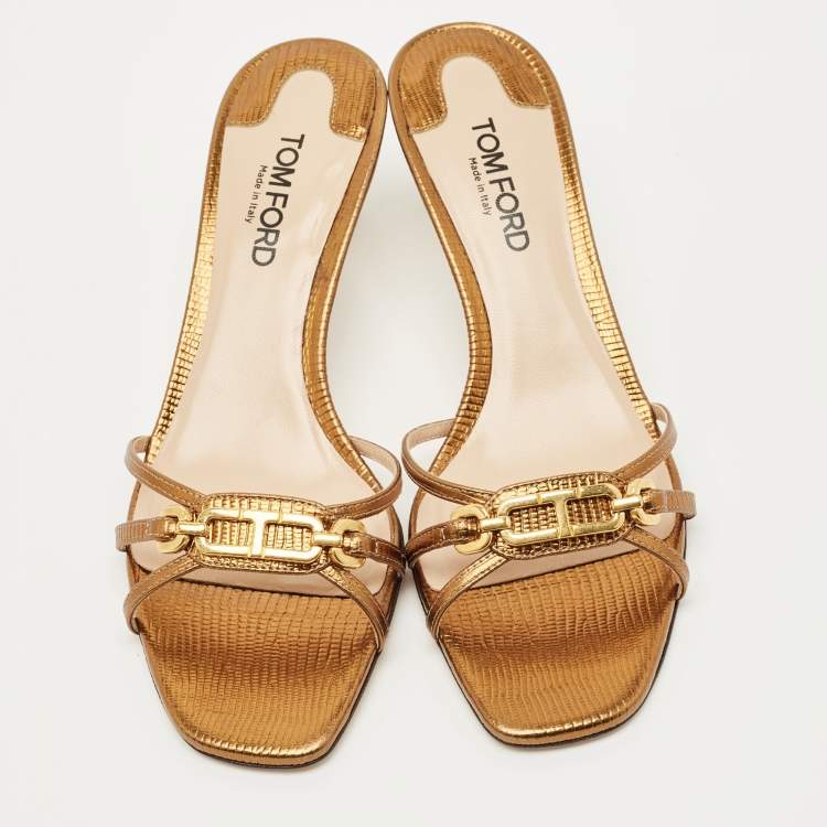 Pre Owned Tom Ford Gold Lizard Embossed Leather Logo Printed Slide Sandal Size 38