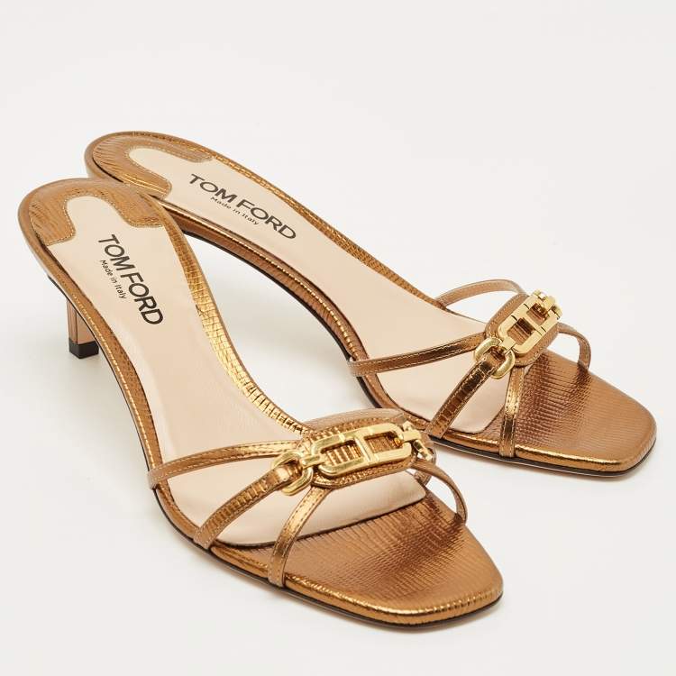 Pre Owned Tom Ford Gold Lizard Embossed Leather Logo Printed Slide Sandal Size 38