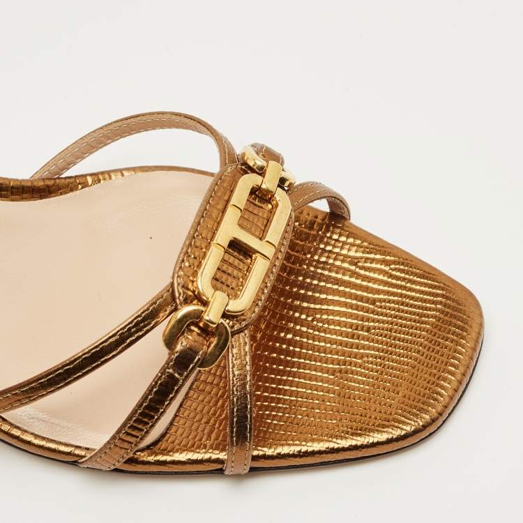 Pre Owned Tom Ford Gold Lizard Embossed Leather Logo Printed Slide Sandal Size 38