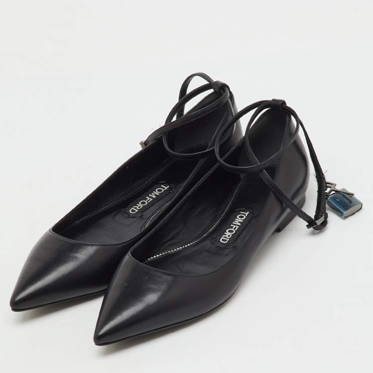 Pre Owned Tom Ford Black Leather Ankle Wrap Lock Ballet Flats Size 37