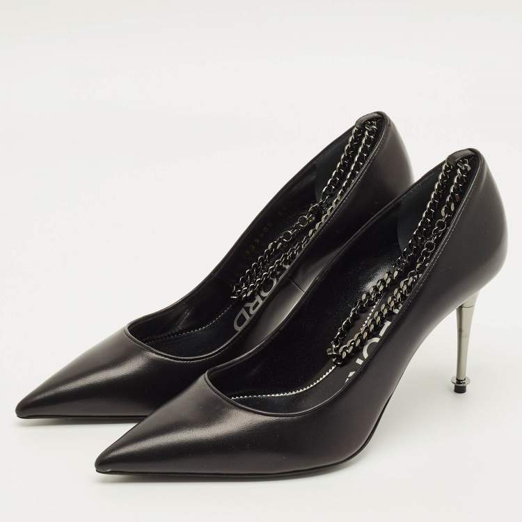 Pre Owned Tom Ford Ankle Chain Size 37.5 Black Leather Pumps