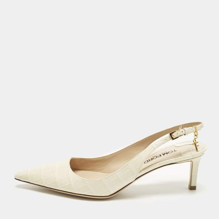 Pre Owned Tom Ford Size 37 Cream Croc Embossed Patent Leather Slingback Pumps