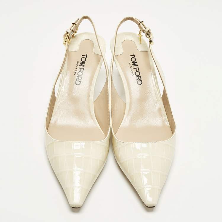 Pre Owned Tom Ford Size 37 Cream Croc Embossed Patent Leather Slingback Pumps