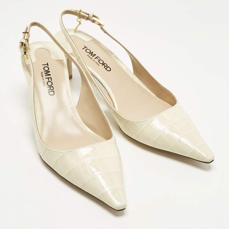 Pre Owned Tom Ford Size 37 Cream Croc Embossed Patent Leather Slingback Pumps