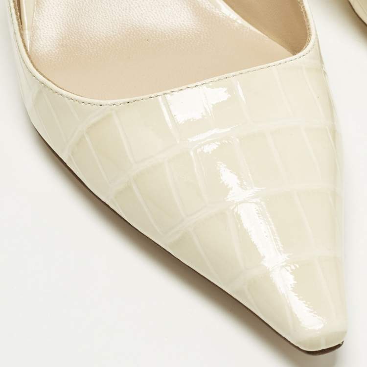 Pre Owned Tom Ford Size 37 Cream Croc Embossed Patent Leather Slingback Pumps