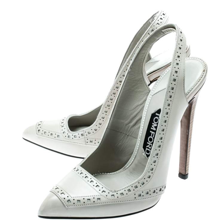 Pre Owned Tom Ford Light Grey Leather Pointed Toe Slingback Sandals Size 37.5