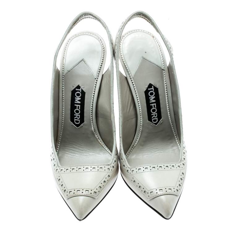 Pre Owned Tom Ford Light Grey Leather Pointed Toe Slingback Sandals Size 37.5