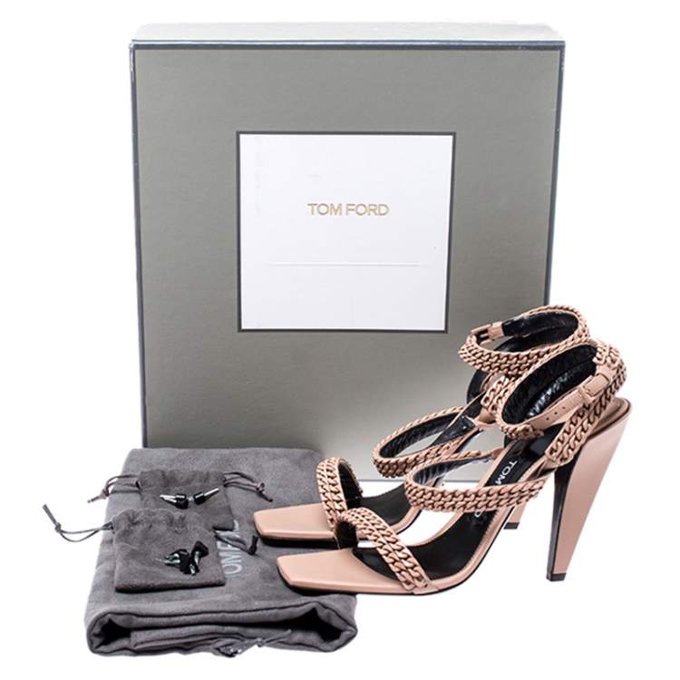 Pre Owned Tom Ford Beige Leather Chain Embellished Ankle Strap Open Toe Sandals Size 39.5