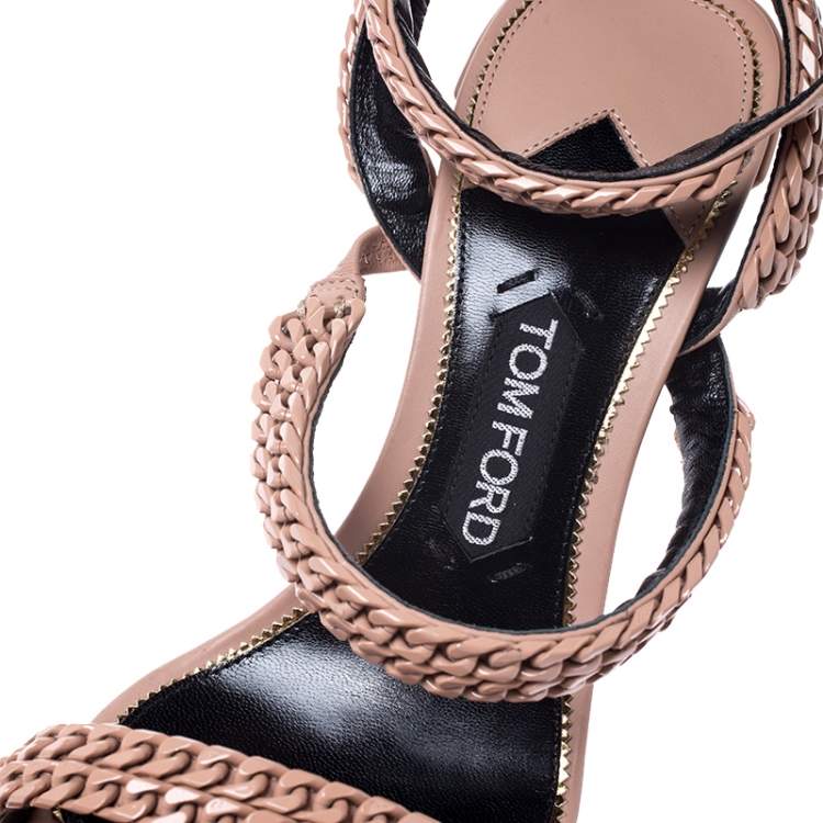 Pre Owned Tom Ford Beige Leather Chain Embellished Ankle Strap Open Toe Sandals Size 39.5