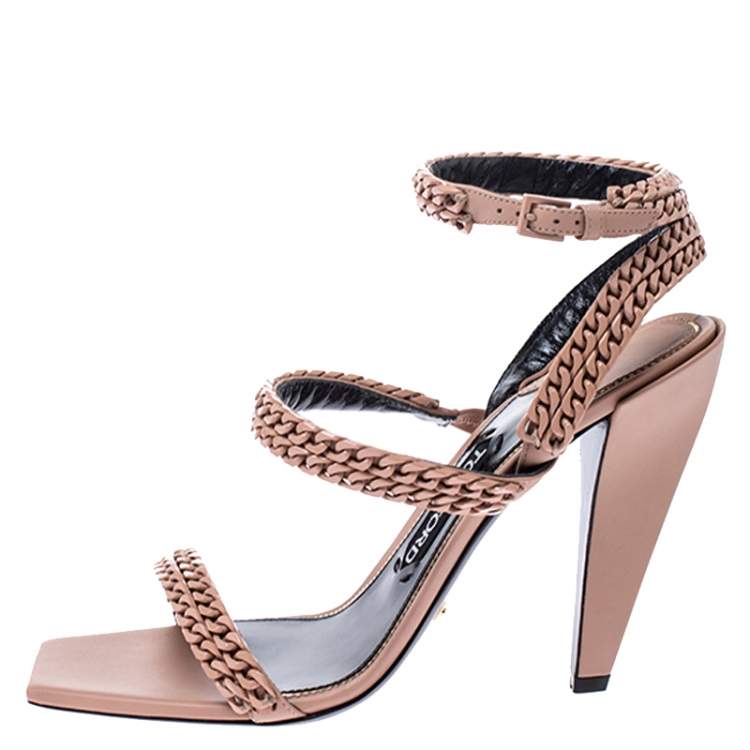 Pre Owned Tom Ford Beige Leather Chain Embellished Ankle Strap Open Toe Sandals Size 39.5