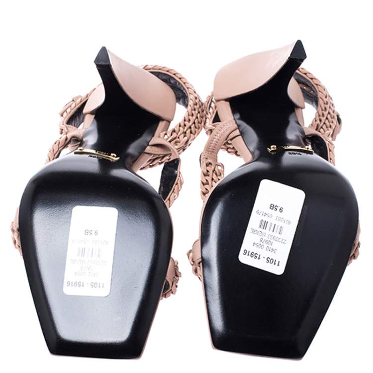 Pre Owned Tom Ford Beige Leather Chain Embellished Ankle Strap Open Toe Sandals Size 39.5