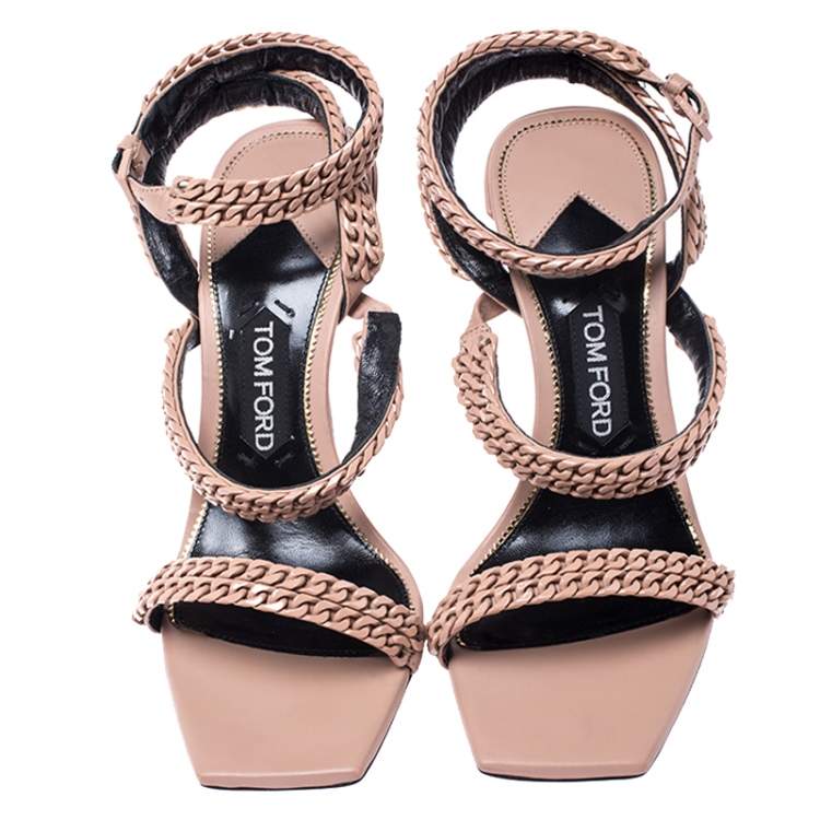 Pre Owned Tom Ford Beige Leather Chain Embellished Ankle Strap Open Toe Sandals Size 39.5