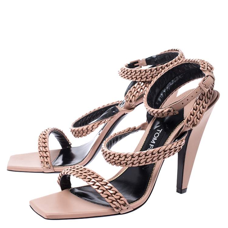 Pre Owned Tom Ford Beige Leather Chain Embellished Ankle Strap Open Toe Sandals Size 39.5