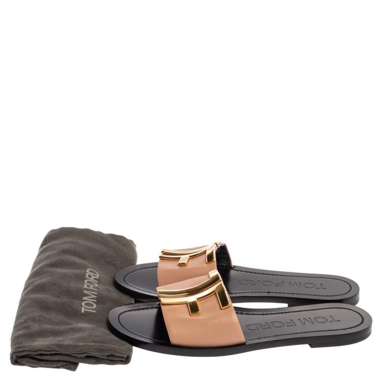 Pre Owned Tom Ford Beige/Black Leather TF Slide Sandals Size 38
