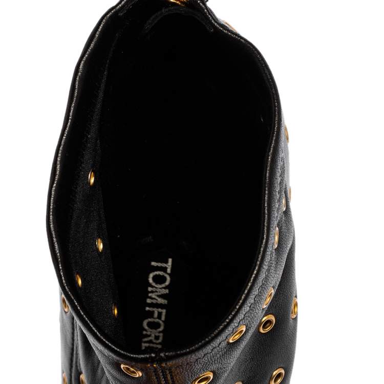 Pre Owned Tom Ford Black Leather Grommet Open Toe Ankle Boots Size 38.5
