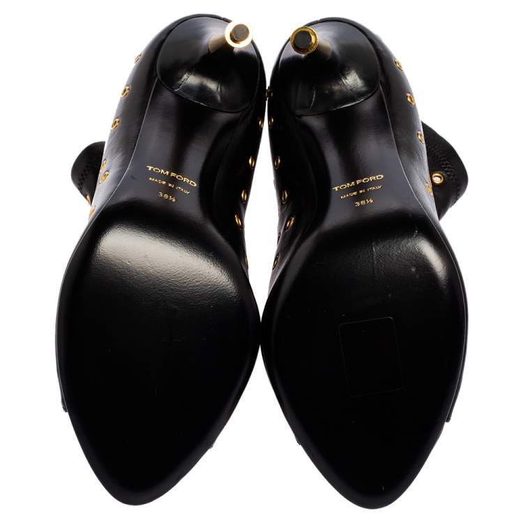 Pre Owned Tom Ford Black Leather Grommet Open Toe Ankle Boots Size 38.5