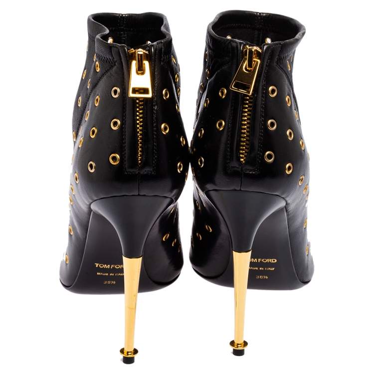 Pre Owned Tom Ford Black Leather Grommet Open Toe Ankle Boots Size 38.5