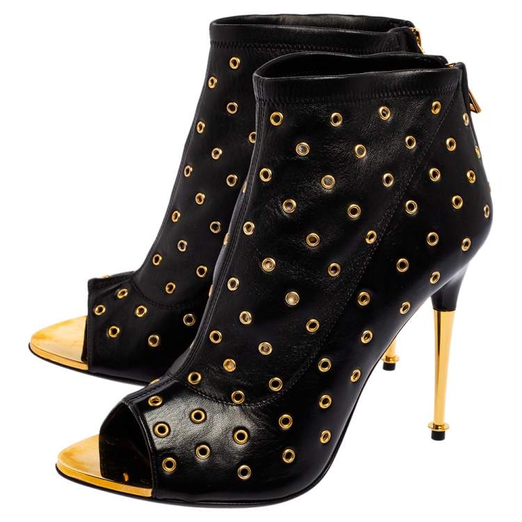 Pre Owned Tom Ford Black Leather Grommet Open Toe Ankle Boots Size 38.5