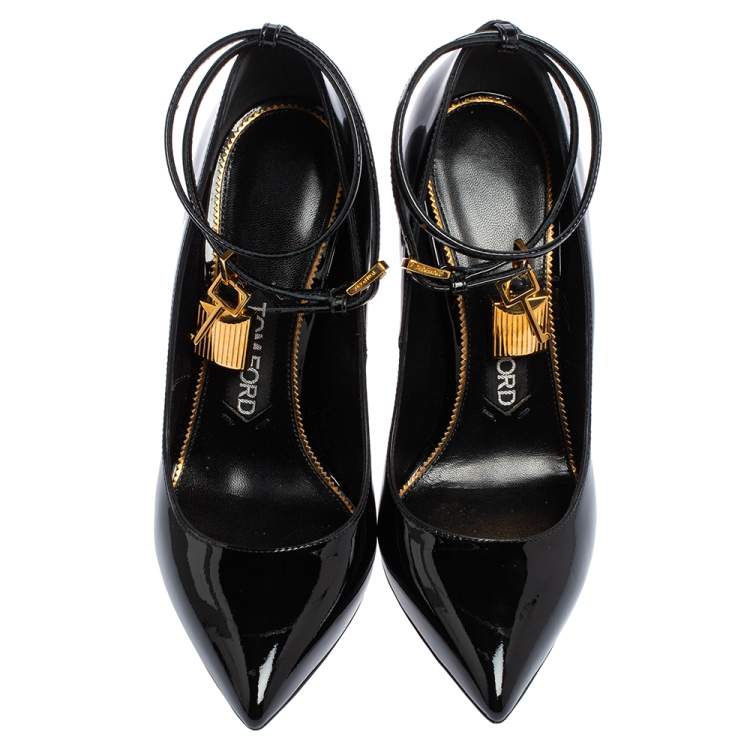 Pre Owned Tom Ford Black Patent Leather Padlock Ankle Wrap Pointed Toe Pumps Size 37