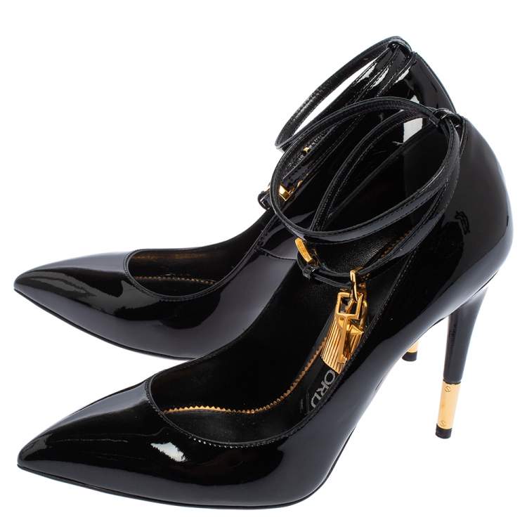 Pre Owned Tom Ford Black Patent Leather Padlock Ankle Wrap Pointed Toe Pumps Size 37