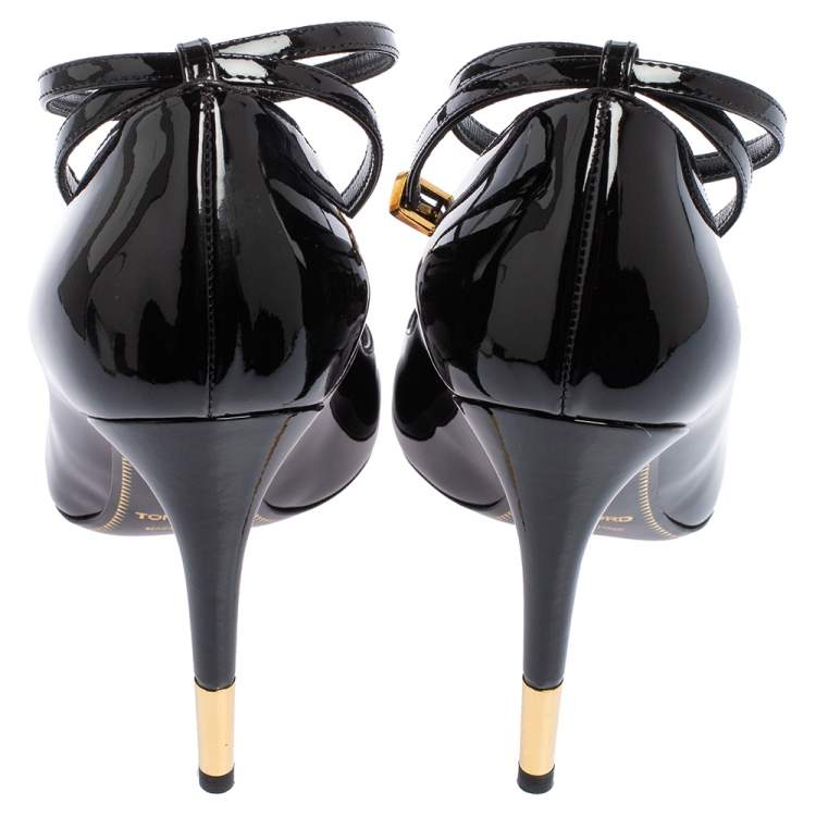 Pre Owned Tom Ford Black Patent Leather Padlock Ankle Wrap Pointed Toe Pumps Size 37