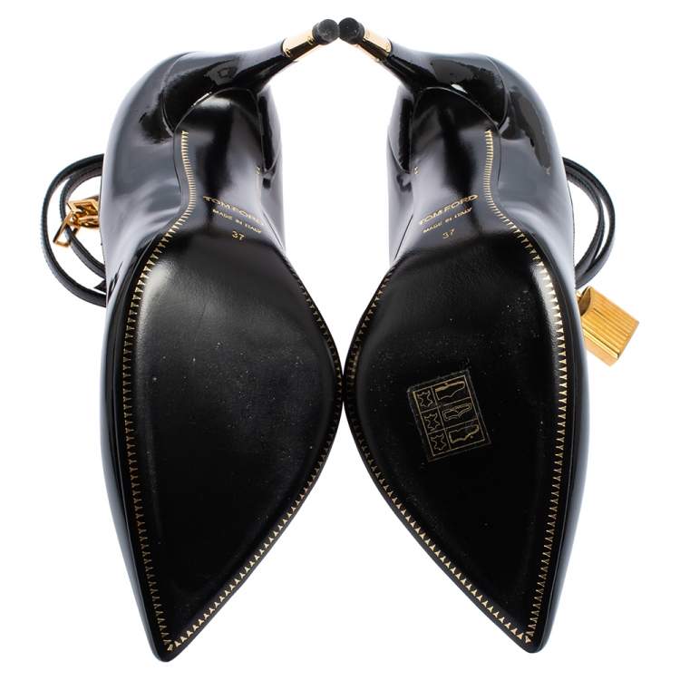 Pre Owned Tom Ford Black Patent Leather Padlock Ankle Wrap Pointed Toe Pumps Size 37