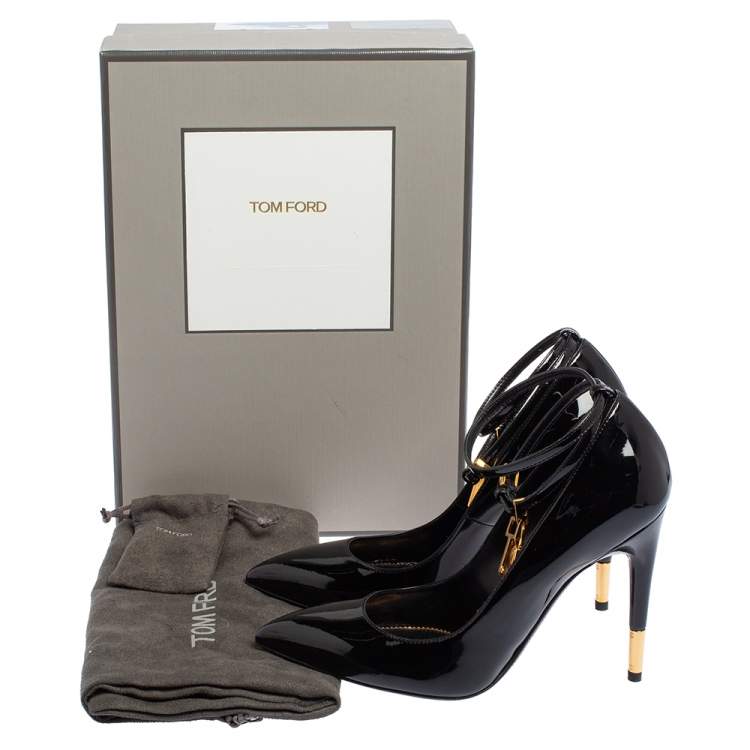 Pre Owned Tom Ford Black Patent Leather Padlock Ankle Wrap Pointed Toe Pumps Size 37