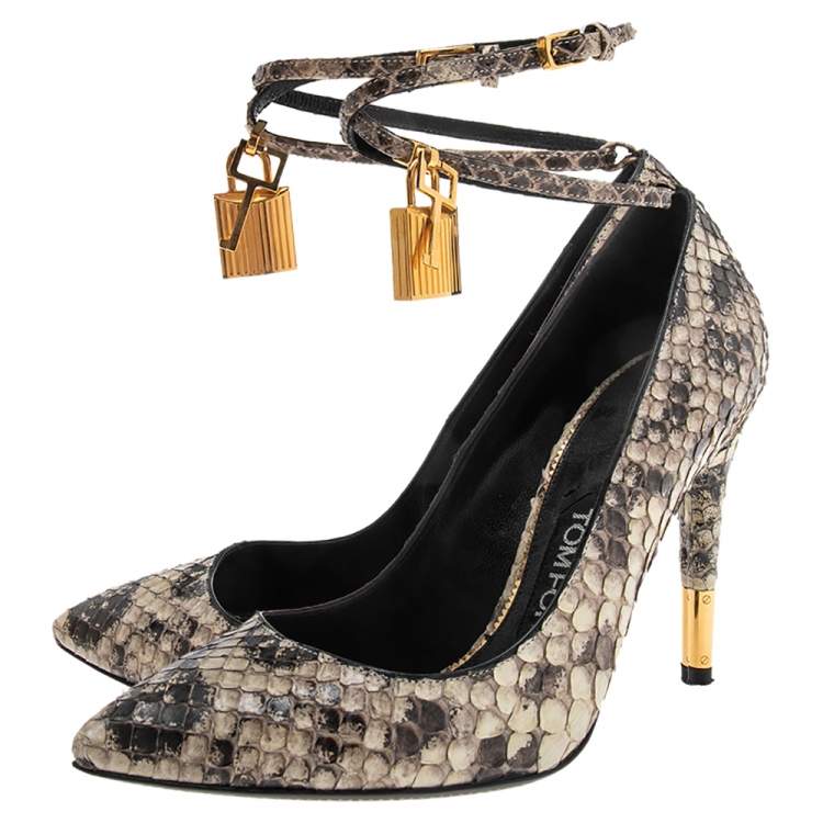 Pre Owned Tom Ford Grey/Black Python Leather Padlock Ankle Wrap Pointed Toe Pumps Size 36
