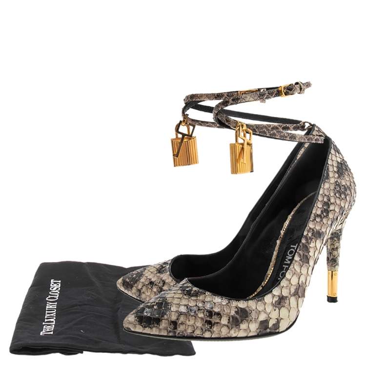 Pre Owned Tom Ford Grey/Black Python Leather Padlock Ankle Wrap Pointed Toe Pumps Size 36