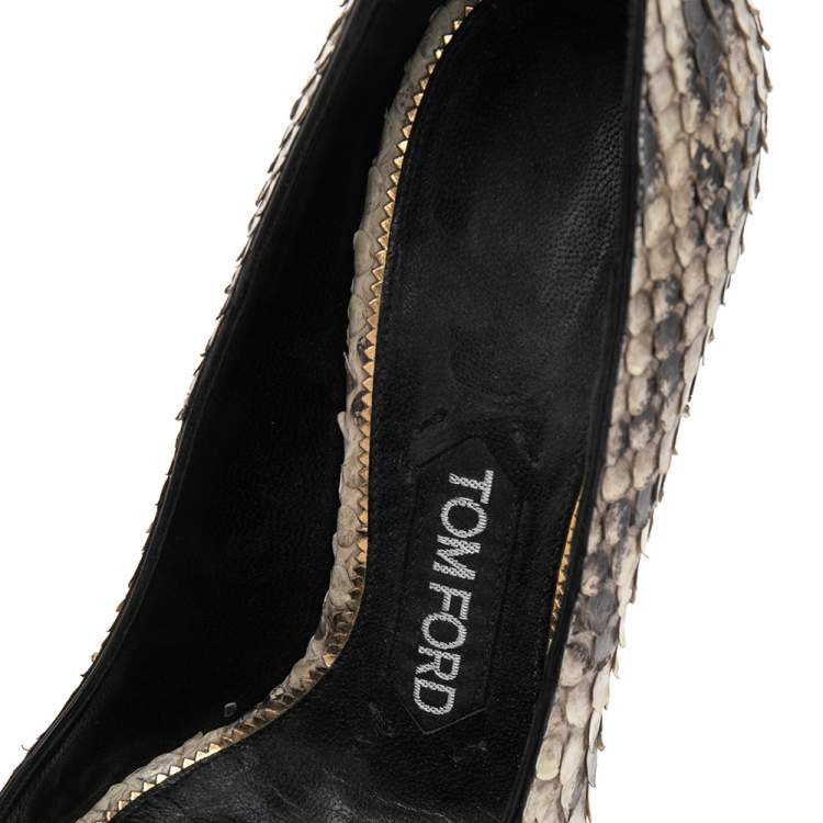 Pre Owned Tom Ford Grey/Black Python Leather Padlock Ankle Wrap Pointed Toe Pumps Size 36