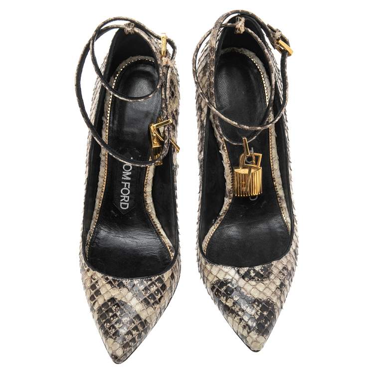 Pre Owned Tom Ford Grey/Black Python Leather Padlock Ankle Wrap Pointed Toe Pumps Size 36