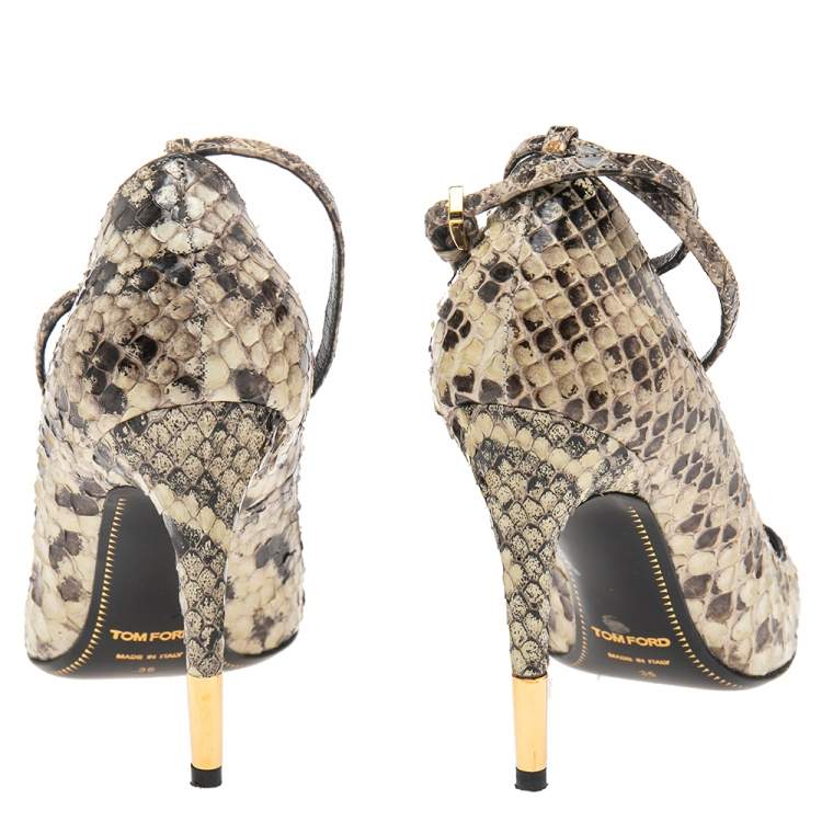 Pre Owned Tom Ford Grey/Black Python Leather Padlock Ankle Wrap Pointed Toe Pumps Size 36
